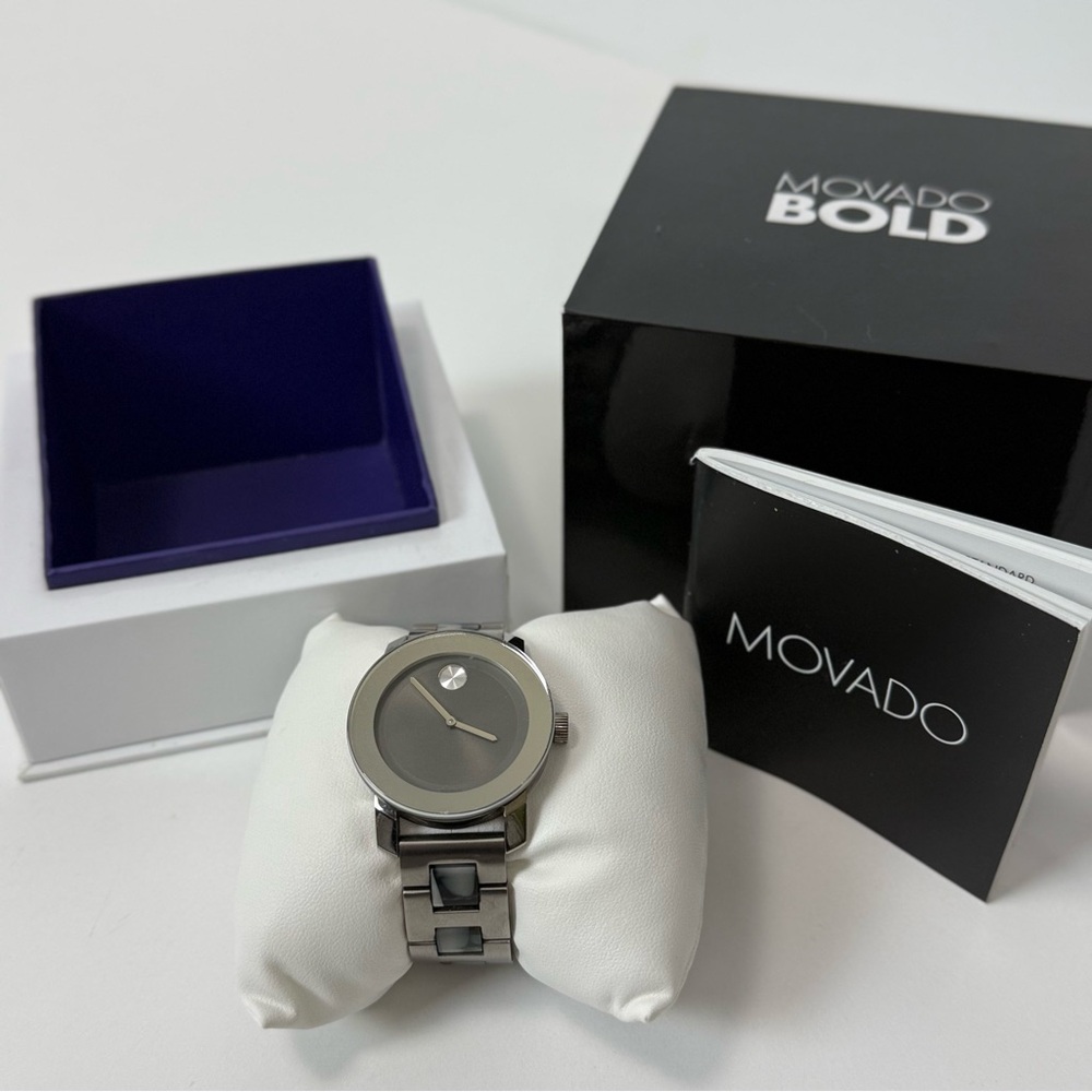 Movado Bold Grey Woman's Mirrored Bezel and Tortoise Ceramic Stainless Band - Picture 2 of 10